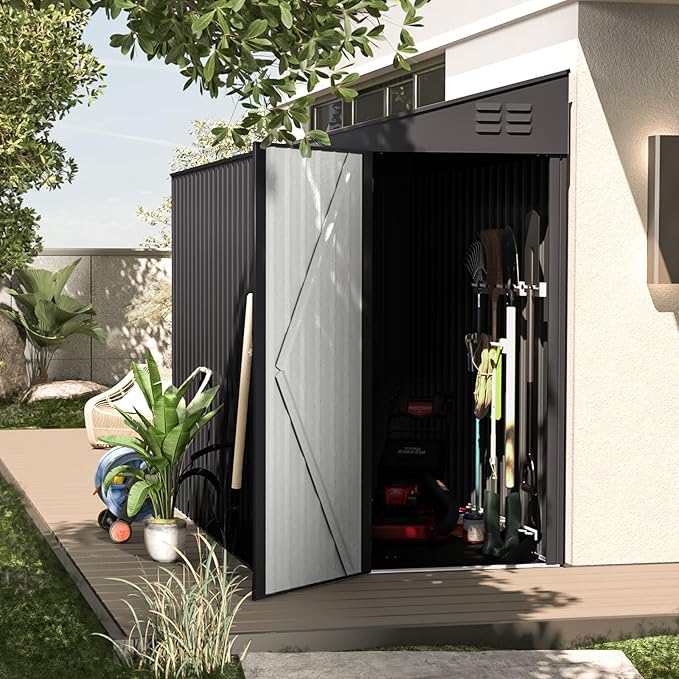 AECOJOY 4' x 6' Lean to Shed, Small Metal Outdoor Storage Shed, Wall Side Sheds & Outdoor Storage Cabinet Clearance, Bike Shed for Garden, Backyard and Outdoor Use in Dark Grey
