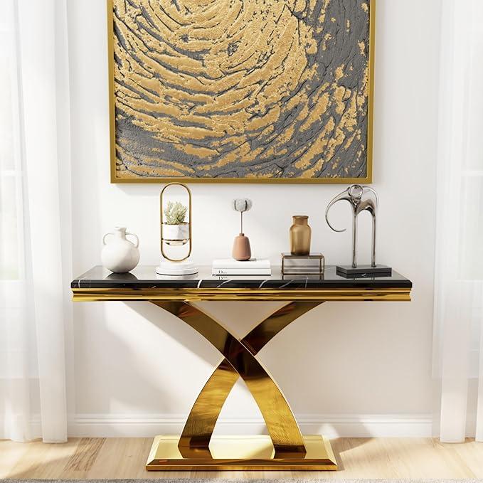 AUZ 2 Pieces Black Gold Living Room Table Set, Coffee Table and Console Table with X-Shape Design Polished Stainless Steel Frame