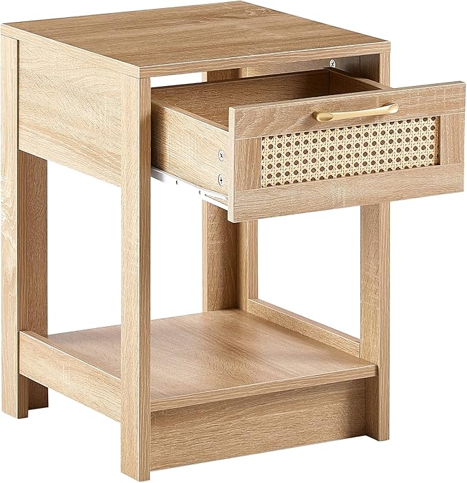 Rattan Nightstand - Wooden Boho End Table with Storage Drawer and Opening Shelf, Bedside Tables Bed Side Table Accent Table for Living Room, Bedroom Small Space