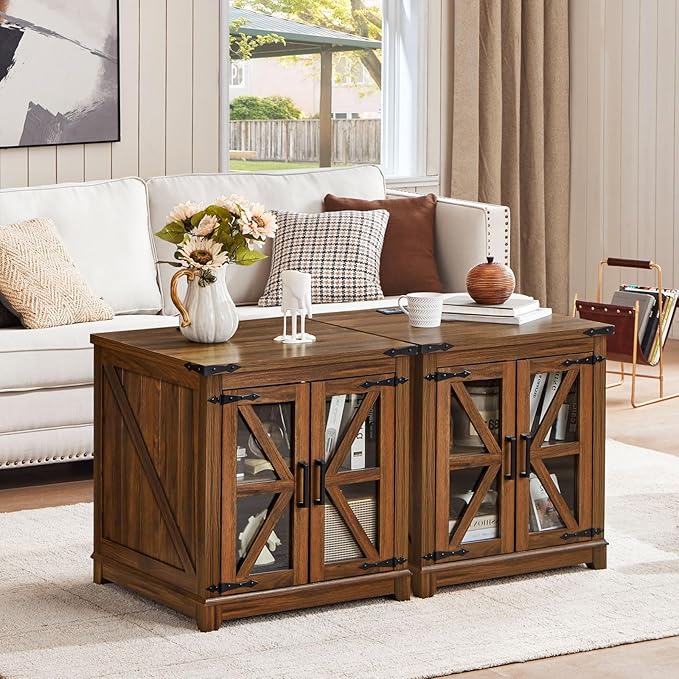 Farmhouse End Table Set of 2,24" Large Sofa Side Table with Charging Station Glass Barn Door,Wood Nightstand with Adjustable Storage Shelf,Square Bedside Table for Living Room,Bedroom,Office-Brown