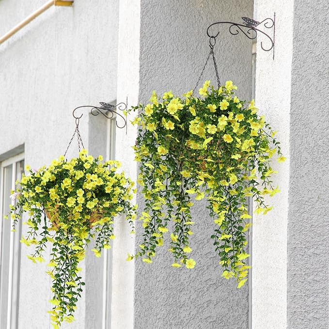 RECUTMS Artificial Hanging Flowers Plants for Outdoors 4 Pcs Fake Mums Plant Decor Realistic Real Touch Silk Flower UV Resistant Trailing Vine Look Real for Yard Porch Patio Garden Balcony (Yellow)