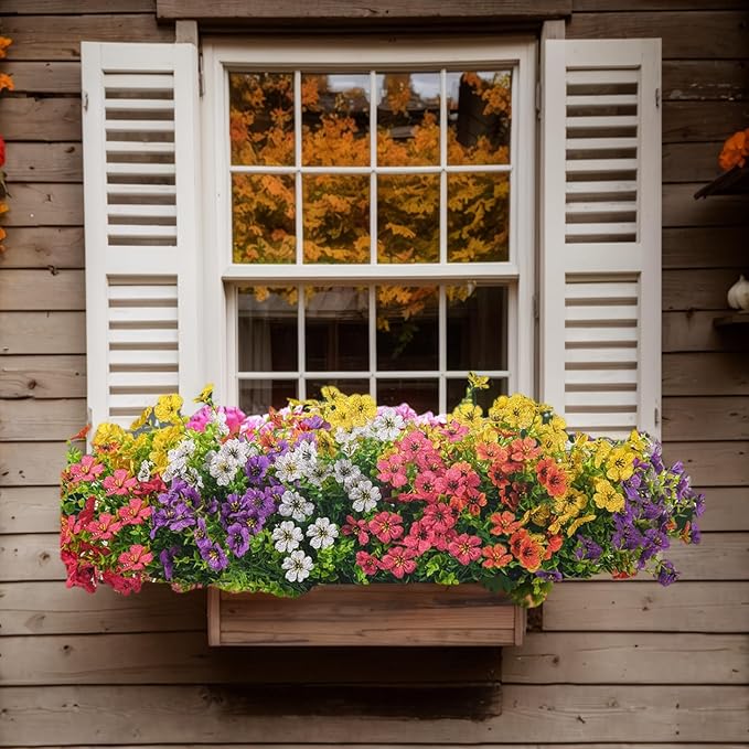 Fake Flowers UV Resistant,15 Bundles Artificial Flowers for Outdoors ，ARealistic Fake Plants for Outdoors，Hanging Baskets,Patio, Porch and Garden Decor