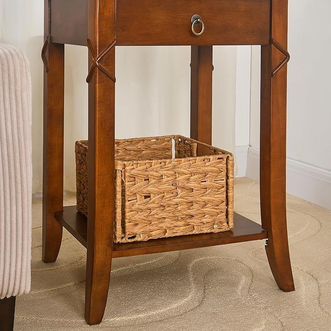 2-Set Solid Wood End Table with Drawer, Beside Table, Nightstand, Mid-Century Modern Funiture with Storage Shelf, 19.7" x 15.7" x 27.6" High Living Room Side Table with Wood Frame, Cherry GBJDR200