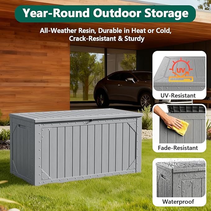 Outdoor Storage Box, 100 Gallon Deck Box Outdoor Storage Bench Outside Waterproof Resin Storage Bench, Lockable Patio Cushions, Garden Tools Storage For Furniture, UV Resistant (Gray)