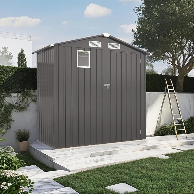 6x3.5 FT Outdoor Storage Shed, Small Metal Garden Shed with Window, Outside Tool Sheds with Lockable Hinged Doors, Waterproof Storage Building with 4 Air Vents for Backyard, Patio, Lawn, Gray