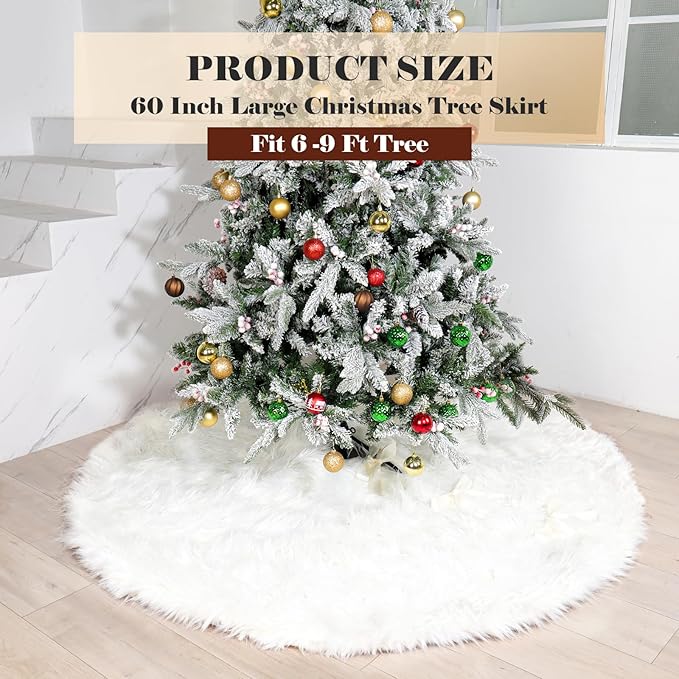 60 Inch White Christmas Tree Skirt with 4.5" Extra Long Pile– Ultra Plush Faux Fur Tree Skirt for 6-9 Ft Trees
