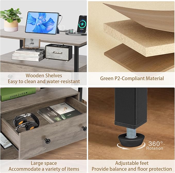 27 Inch Wide Night Stand Set 2 with Charging Station, Wood Nightstand with Open Shelf, Large Drawer Bedside Table for Living Room/Bedroom/Office(Rustic Gray)