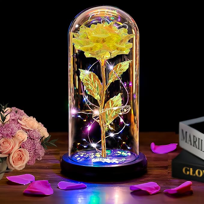 Christmas Rose Gifts for Women Mom, Womens gifts for Christmas, Glass Flower Gifts for Sister, Rose Enchanted Crystal Flower Gift Light Up in Glass Dome,Birthday Gift for Women Wife Yellow Gold