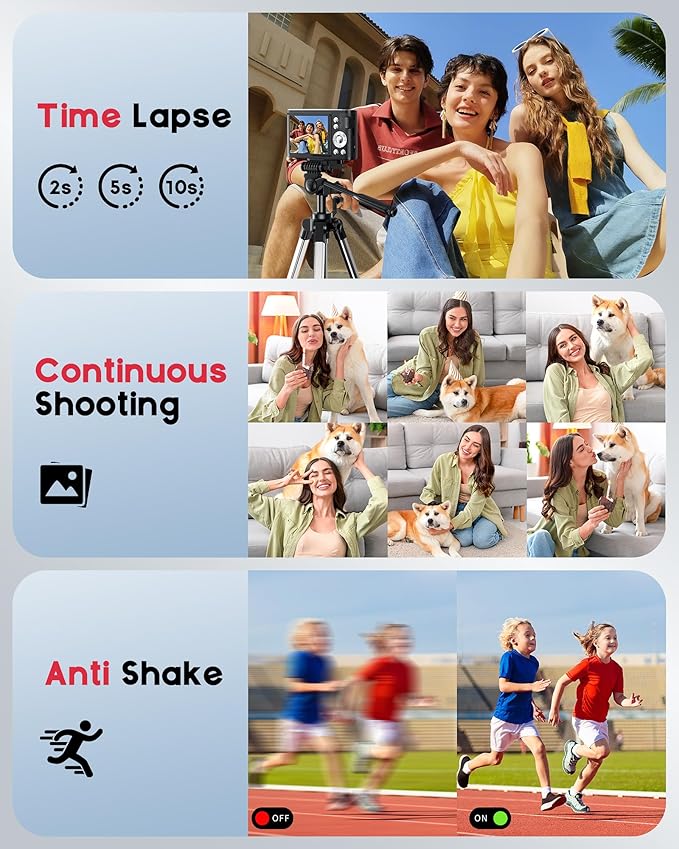 Digital Camera, 48MP FHD 1080P Point and Shoot Camera with 16x Zoom, Anti Shake Compact Portable Camera for Photography with 32GB Card, Autofocus Camara for Kids, Beginners, Teens, Black