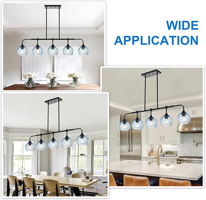 MELUCEE 5-Light Kitchen Island Lighting Linear Dining Room Light Fixtures Ceiling Hanging with Blue Striped Swirl Glass Shade, Modern Black Chandelier for Dining Room Kitchen Island Bar, E26 Base