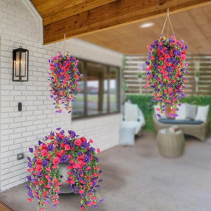 Artificial Fake Hanging Flowers Plants for Outdoor Outside Spring Summer Decoration 2PCS Faux Silk UV Resistant Realistic Morning Glory with Eucalyptus for Home Porch Patio Balcony(Purple & Hot Pink)
