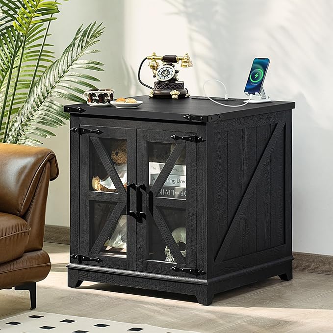 Farmhouse End Table Set of 2,24" Large Sofa Side Table with Charging Station Glass Barn Door,Wood Nightstand with Adjustable Storage Shelf,Square Bedside Table for Living Room,Bedroom,Office-Black