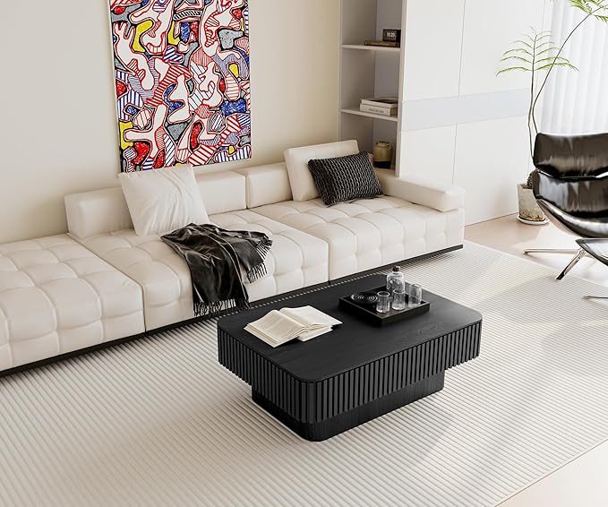 38.6" Lift Top Coffee Table, Modern Fluted Tea Table with Hidden Storage for Living Room, Apartment or Office, Black