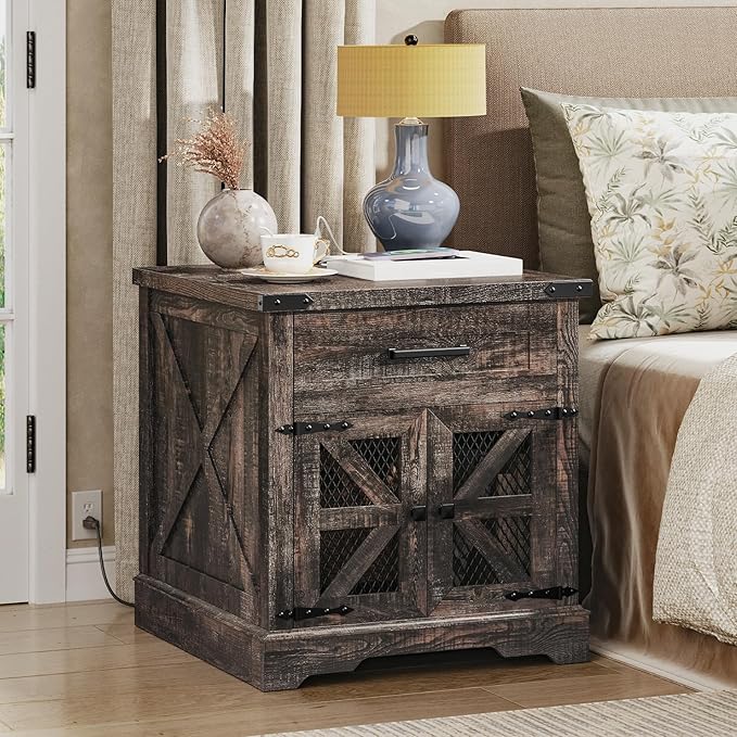 Farmhouse End Table Set of 2, 24" Large Sofa Side Table with Drawer, Large End Table for Living Room, Wooden Nightstand with Charging Station, Square, Dark Rustic Oak