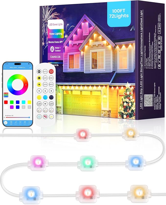 Permanent Outdoor Lights, 100 FT RGB & White Eaves Light with 72 LED Lights, App/Remote Control, IP65 Waterproof Christmas String Lights for Daily, Festival, Party, Holiday Decor W05EL05