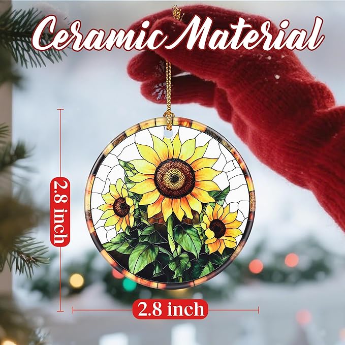 Christmas Ornaments, Dodosky 2.8in Ceramic Sunflower Ornament, Xmas Decor, Christmas Tree Ornaments, Xmas Decorations for Tree, Holiday Ornament, Sunflower Gift, Gifts for Women, Friend, Flower Lovers