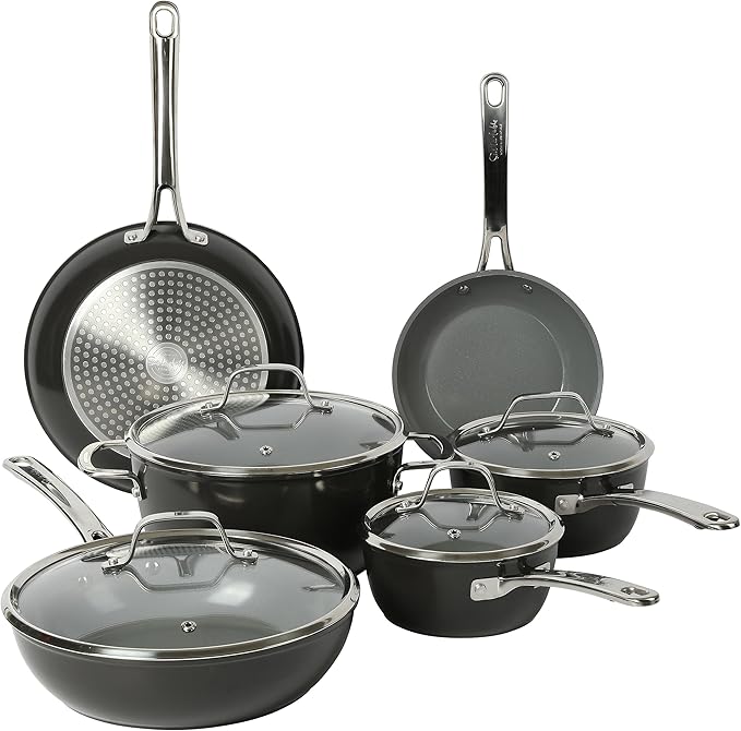 Sur La Table Kitchen Essentials 10 Piece PFA Free Titanium Ceramic Nonstick Interior Forged Aluminum Cookware Pots and Pans Set - Black - Induction Compatible