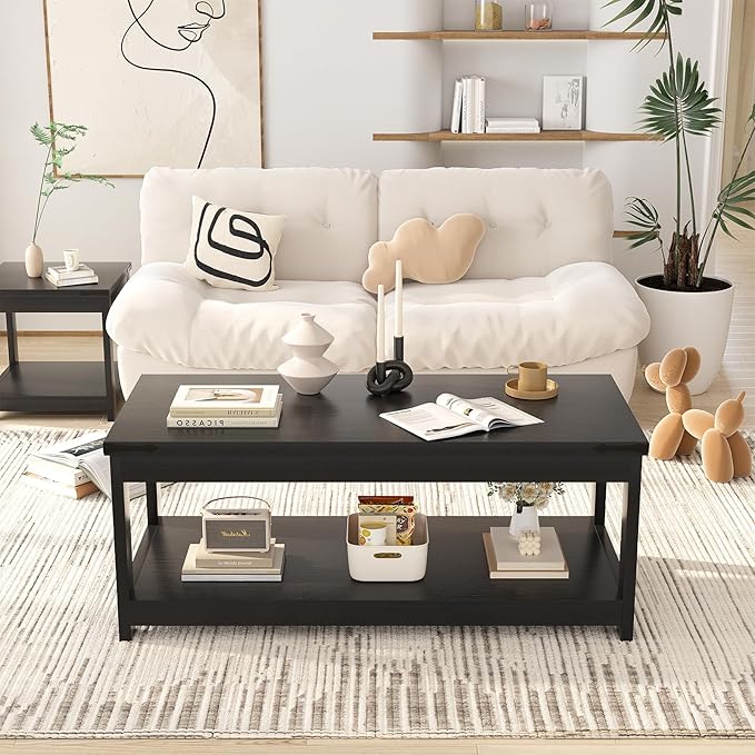 Homieasy Coffee Table with Storage Shelf, 43.3” Farmhouse Wood Coffee Tables for Living Room, Modern Center Tea Table, Black