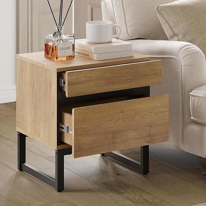 WAMPAT Modern End Table with 2 Drawers, Farmhouse Sofa Table with Black Square Iron Leg, Wood Rustic Side End Table for Living Room, Nighstand for Bedroom, Oak