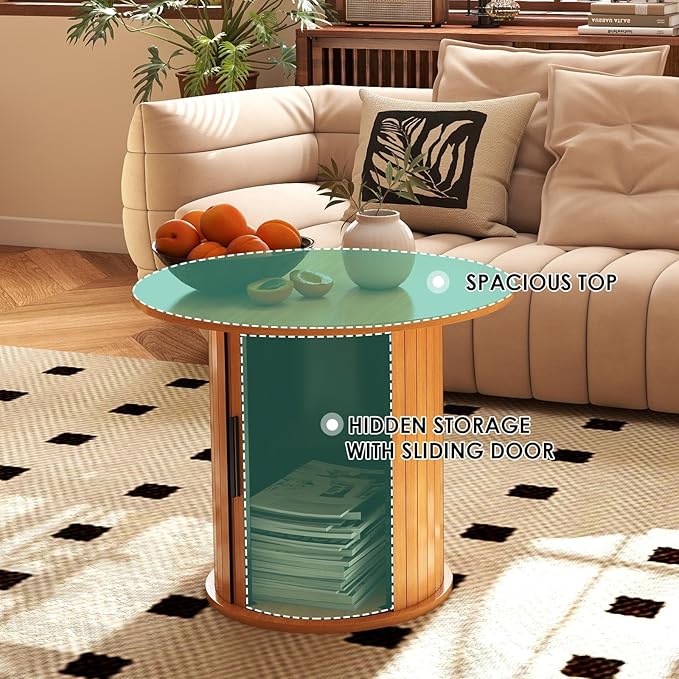 COSVALVE Round Wood Coffee Table 23.6IN with Hidden Storage & Sliding Door, Circle Farmhouse Side Table Sets for Living Room, Bedroom, Balcony, Small Spaces, Natural