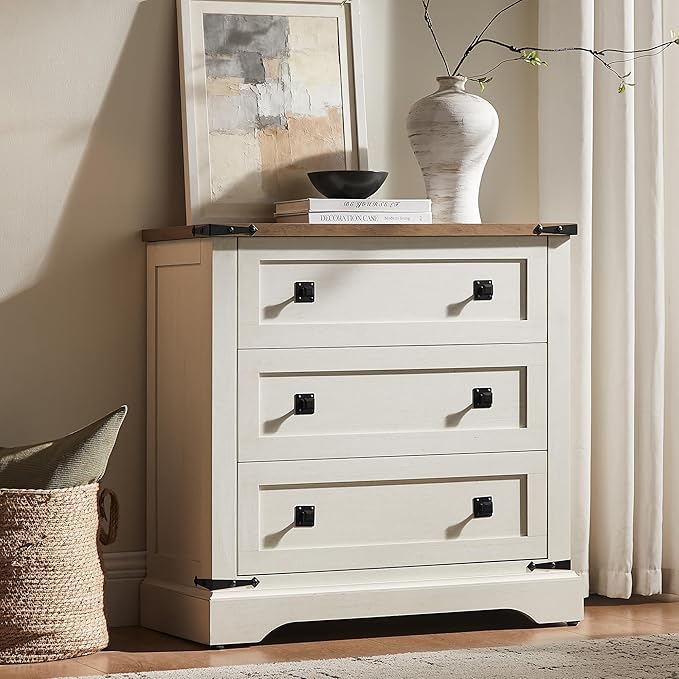 T4TREAM 32" Farmhouse Nightstand with Charging Station Set of 2, Large End Table with 3 Storage Drawers, Rustic Wood Bedside Table for Bedroom, Living Room, Antique White