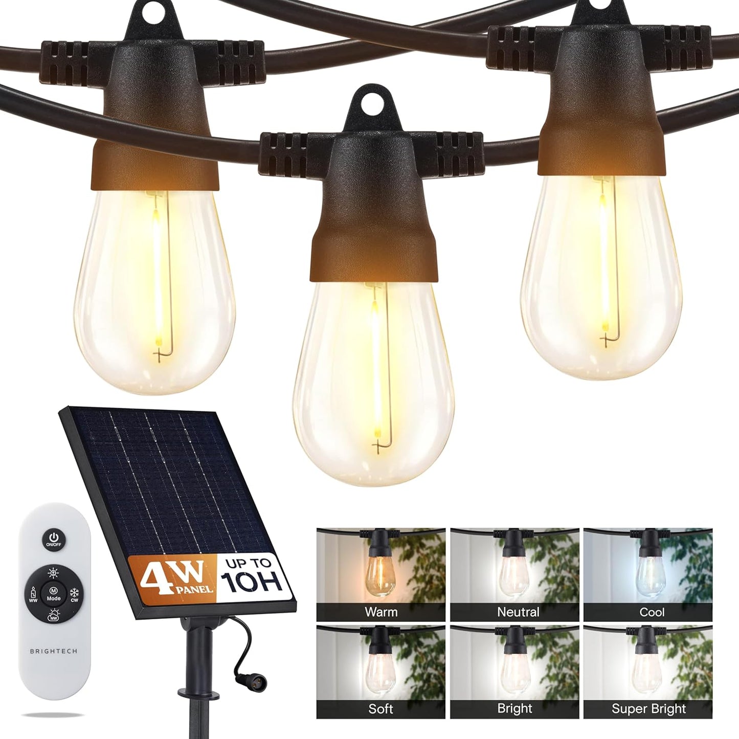 Brightech Ambience Pro Solar String Lights for Outside - Super Bright Remote Control Color Adjustable Outdoor String Light - Commercial Grade String, 15 Waterproof LED Bulbs for Patios, Camping - 48Ft