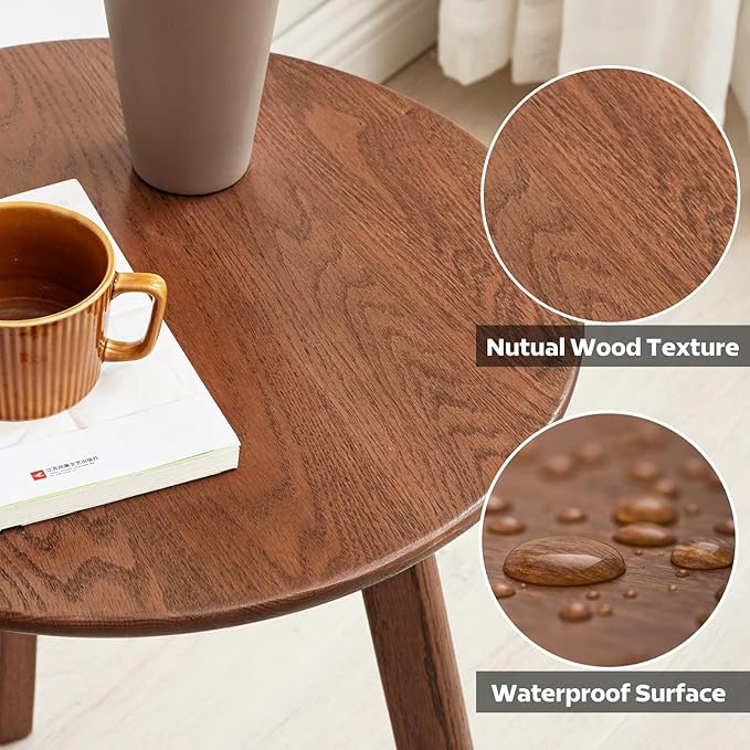 100% Solid Oak Round Side Table, Small Side Table for Small Spaces, 3-Legged Living Room End Tables with Stable Frame for Bedroom Couch Side Entryway, Walnut
