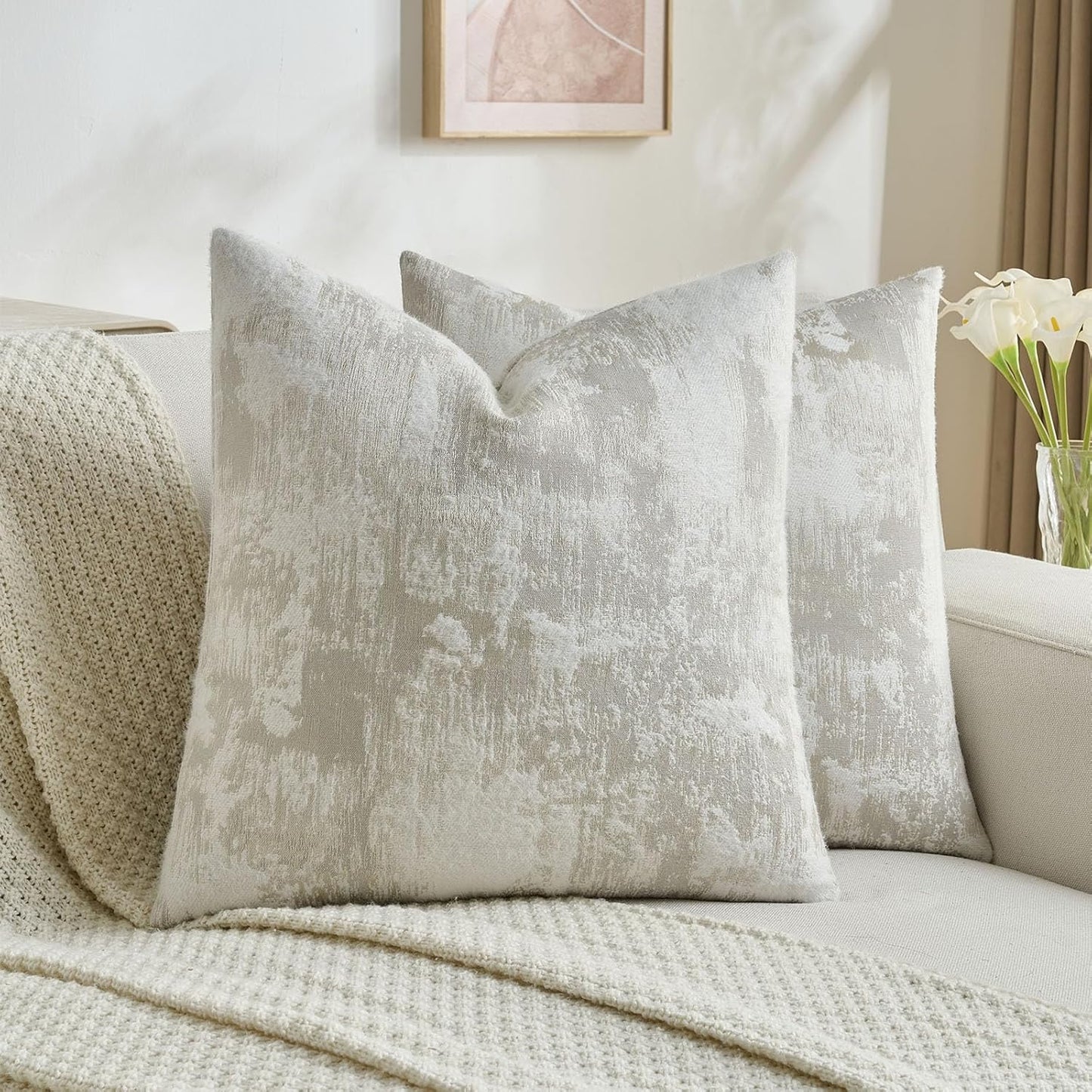 FUTEI Beige White Decorative Throw Pillow Covers 24x24 Inch Set of 2,Soft Faux Cashmere Jacquard - Textured & Cozy Euro Pillow Shams,Modern Home Decor for Couch Bed Living Room