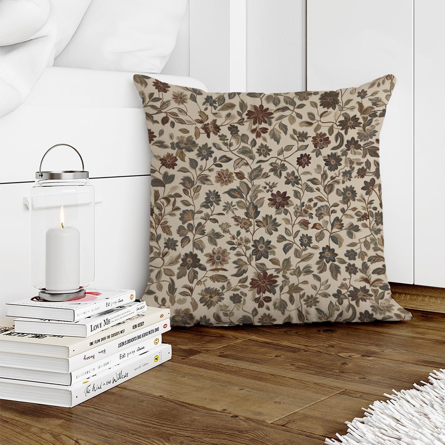 William Morris Abstract Vintage Floral Velvet Butterfly Design Throw Pillow Covers Home Decor, Retro Art Deco Pillowcase Cushion Cover for Bed Sofa Living Room, Square 18x18inch (Beige-Floral)