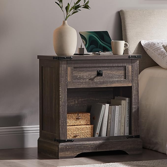 T4TREAM 24" Farmhouse Nightstand with Charging Station Set of 2, Large End Table with Drawer and Open Storage Cabinet, Rustic Wood Bedside Table Sofa Table for Bedroom, Dark Rustic Oak