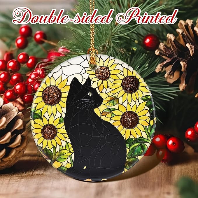 Sunflower Black Cat Ornament, Christmas Ornaments, Christmas Tree Decorations, Holiday Decor, Cat Lover Gifts, Pet Gifts, Xmas Gift & Holiday Presents for Friends or Family