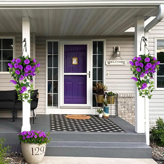 RECUTMS Artificial Fake Hanging Flowers Plants for Outdoor Decoration, 2 Pcs UV Resistant Faux Petunias Trailing Plants Realistic Flower Look Real for Door Wall Yard Porch Garden Planter (Fuchsia)