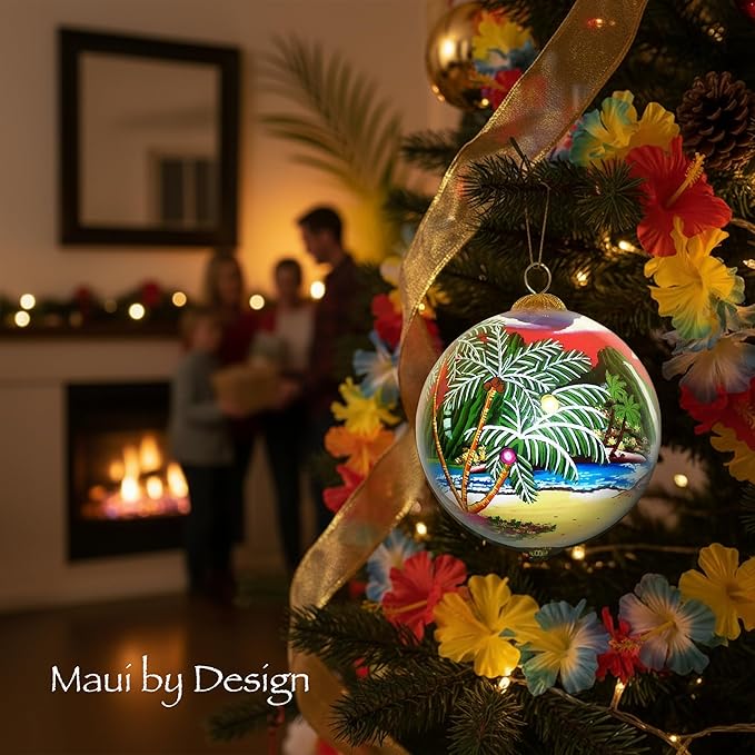 Collectible Hawaiian Santa Christmas Hand-Painted Glass with Gift Box Ornament MK/K