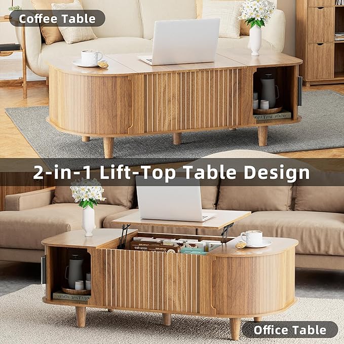 Oval Lift Top Coffee Table, Mid Century Modern Center Table with 3 Hidden Compartment, Coffee Tables with Storage Open Shelf and Sliding Cabinet Door for Home Living Room Office (Walnut)