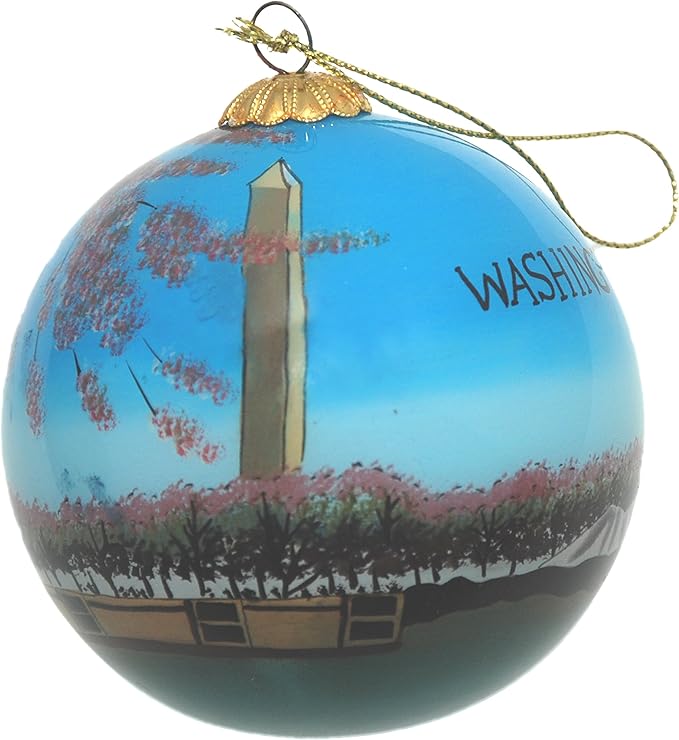Blown Glass Christmas Ornament | Washington Monument Cherry Blossoms | Hand Painted Inside | Original Art | Includes Gift Box