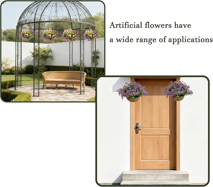 Artificial Hanging Plants Flowers with Basket 2 Packs, Artificial Hanging Flowers for Outdoors, Faux Hanging Plants Outdoor, Blue Fake Flowers, Yellow+Purple+Pink+Red&Purple
