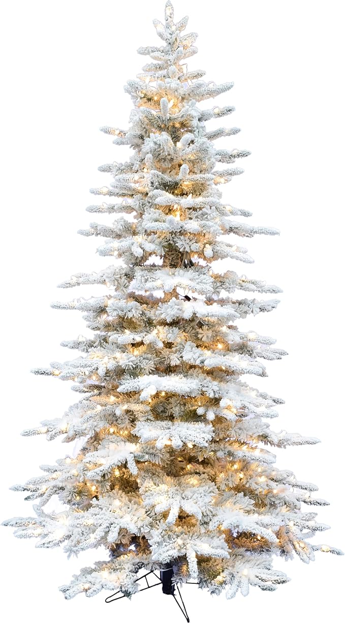 Fraser Hill Farm 7.5-Ft. Pine Valley Flocked Artificial Christmas Tree with Warm White LED Lights and Stand, Prelit Foldable Fake Tree with Realistic Snowy Foliage for Home Decoration