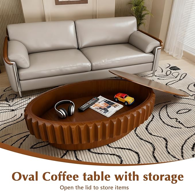 Round Drum Coffee Table White Fluted Coffee Table Circle Center Table Pedestal End Table for Apartment (Oval 43.3in)