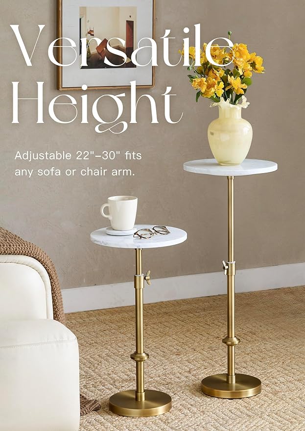 Adjustable-Height Marble Drink Table - 12x12x22-30, White Marble & Antique Brass, Modern Round End Table, Side Table with Pedestal Stand for Small Spaces, Vintage Metal Martini Cocktail Accent