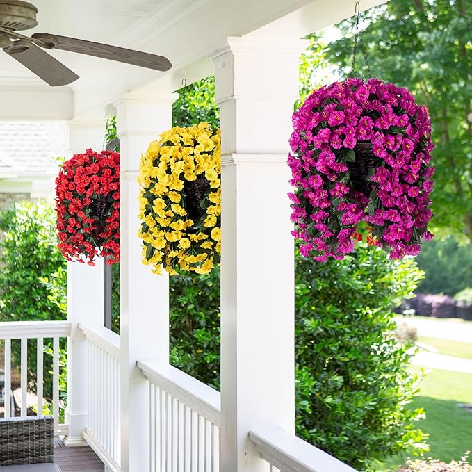 HyeFlora Artificial Fake Hanging Flowers Plants Baskets for Outdoor Outside, Faux Silk Yellow Morning Glory Flowers UV Resistant Look Real Hanging Planter for Home Porch Patio Balcony Yard Decor