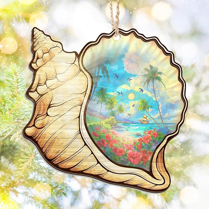 Christmas Beach Gifts for Women - 2D Flat (Not 3D) Suncatcher Christmas Ornaments 2025 - Beach Ornament Rustic Home Decor, Ocean Gifts for Women Mom, Seashell Decor, Seashell Ornaments for Tree