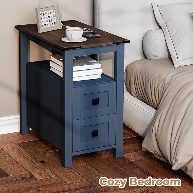 Farmhouse End Table with Charging Station and 2 Storage Drawers, Blue Wood Nightstand Narrow, Skinny Side Table Rustic, Slim Bedside Table, Open Shelf, Small for Bedroom, Living Room, Sofa