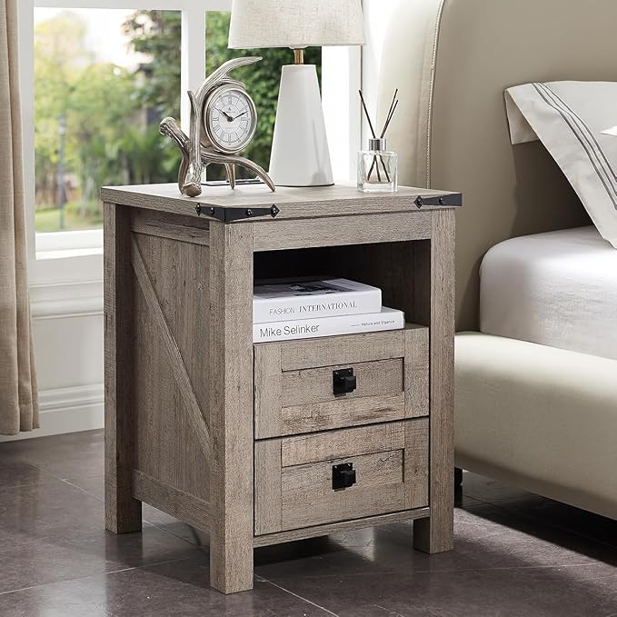 T4TREAM Farmhouse Nightstand Set of 2 with Charging Station, Rustic End Table with 2 Drawers, Storage Open Shelf for Bedroom, Living Room, Wood Side Table, Light Rustic Oak