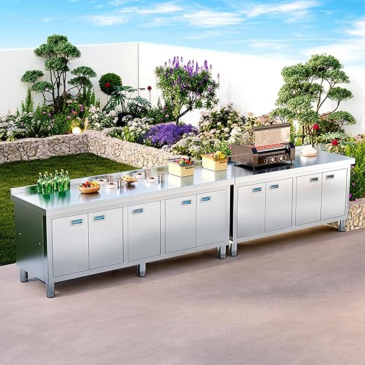 WWK 70" x 21" Stainless Steel Table with Cabinet, Commercial Kitchen Table for Prep & Work, Heavy Duty Work Cabinet with 5 Doors for Outdoor, Kitchen, Restaurant, Hotel, Garage and Cafe