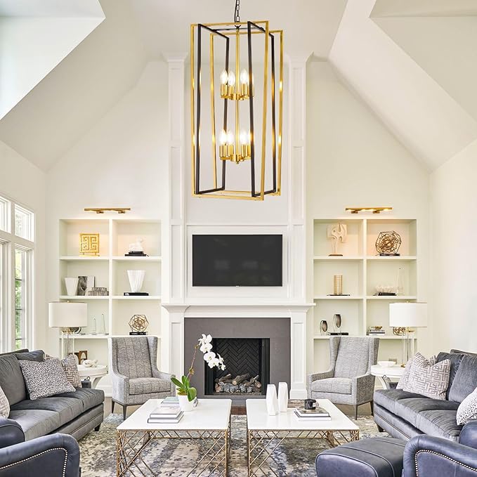 Black and Gold Chandelier, 8-Light Tiered Lantern Pendant Light Fixtures, Industrial Foyer Lighting Fixtures, Large Long Chandeliers for High Ceilings, Farmhouse Chandelier for Staircase, Entryway