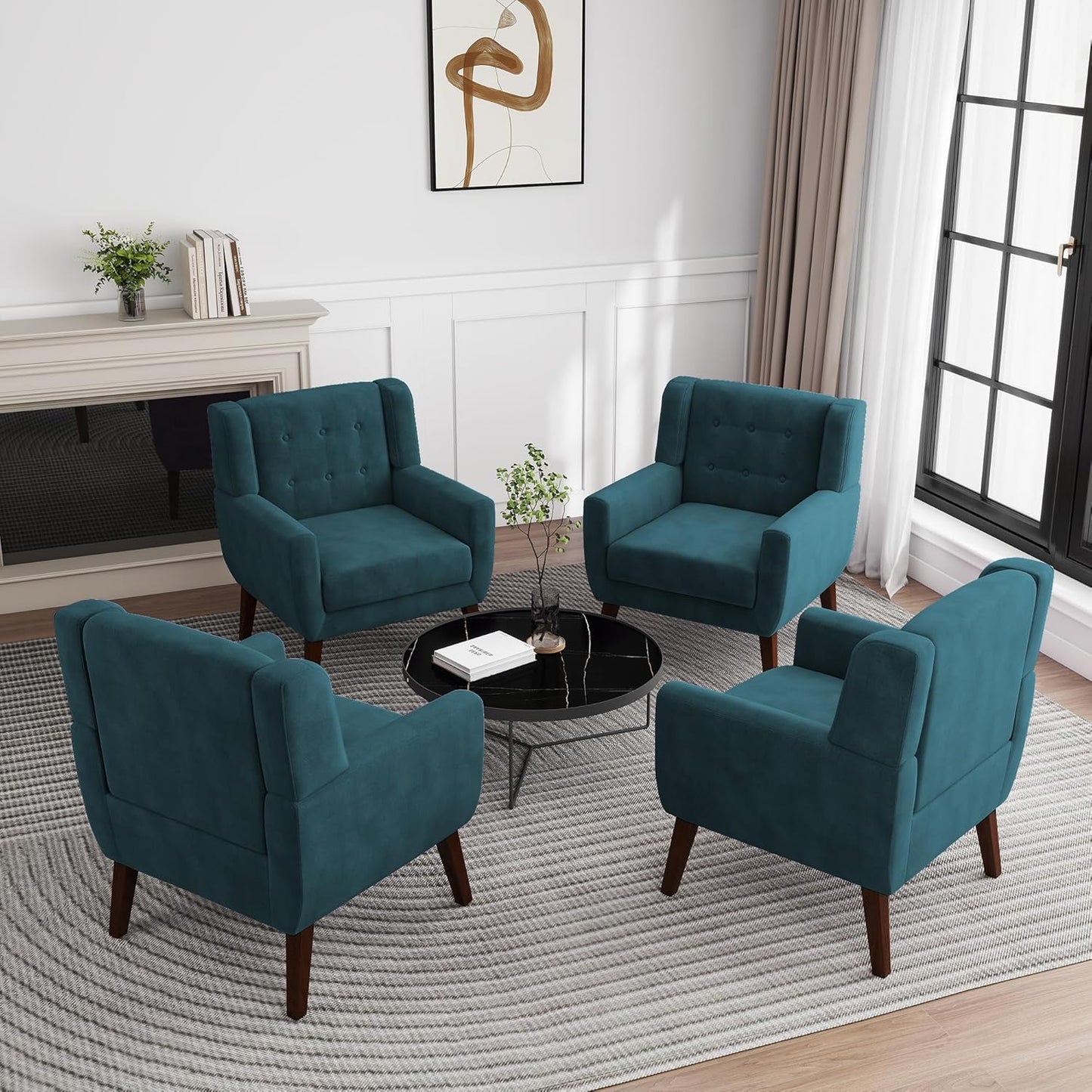 UIXE Accent Chair, Velvet Upholstered Armchair for Living Room, Modern Club Arm Chairs Comfy Single Sofa Button Tufted Bedroom Reading Seat - Blue, Set of 4