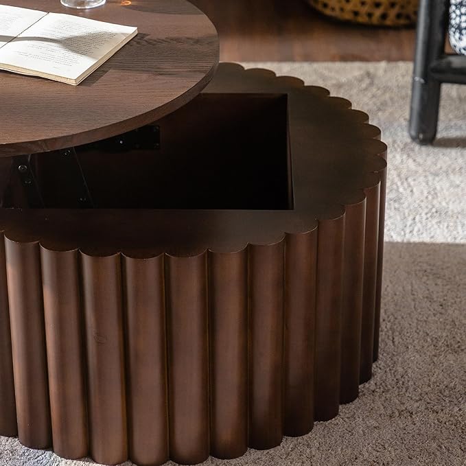 27.56" Round Lift-Top Coffee Table, Modern Fluted Tea Table with Hidden Storage for Living Room, Apartment or Office, Walnut