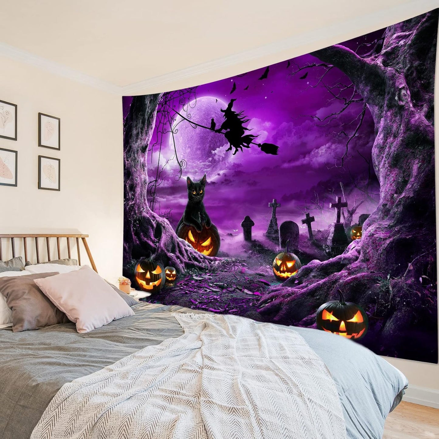 LB Halloween Wall Art - Horror Witch Cat and Dead Tree Pumpkin Lights with Spooky Graveyard Purple Full Moon over Misty Forest Wall Tapestry for Bedroom and Living Room - 80x60 Inches