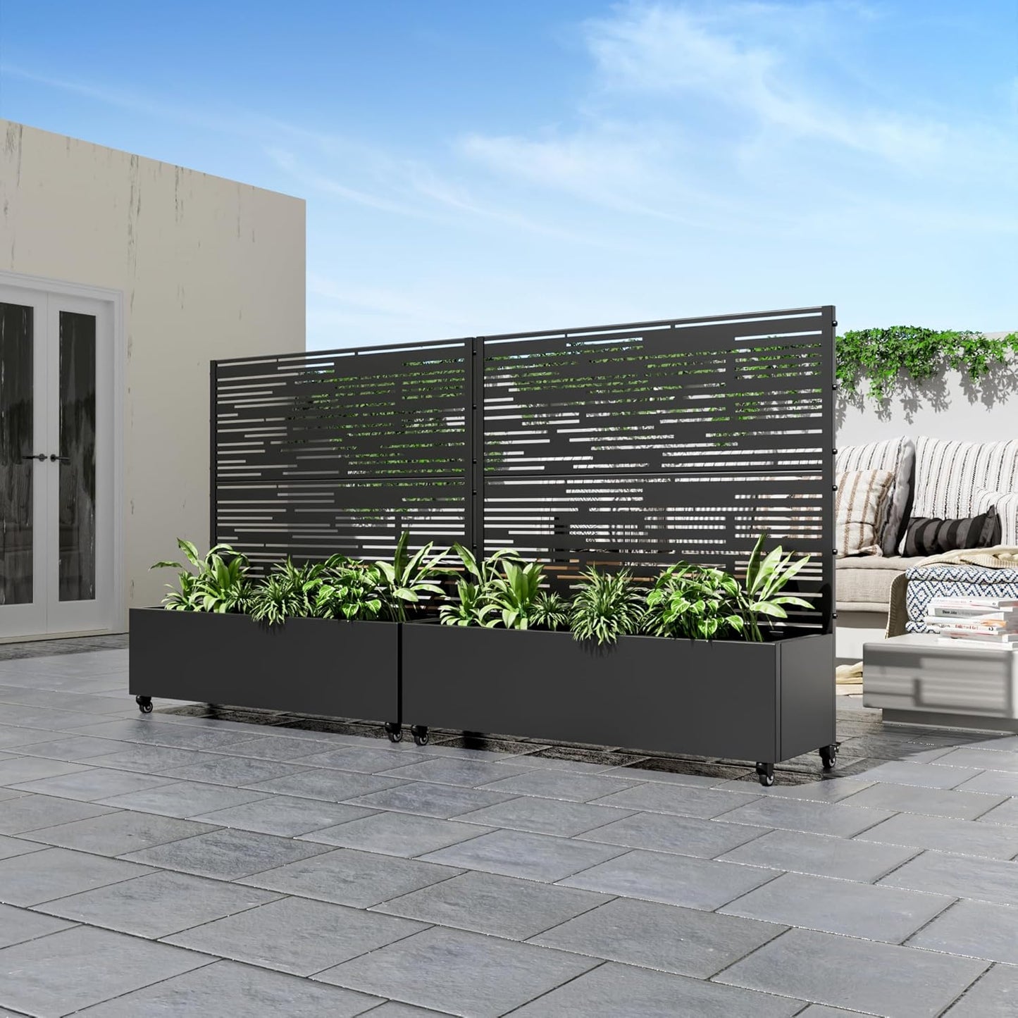 Casaphoria Metal Raised Garden Bed with Trellis and Wheels, 47"x47"x16" Planter Box for Climbing Plants, Vegetables & Vines, Features Drainage Holes and Privacy Screen (Black-Shine)