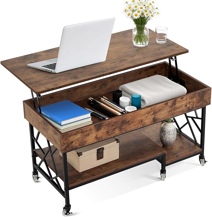 ivinta Lift Top Coffee Table with Storage, Lift Up Wooden Center Table with Lockable Wheels and Hidden Compartment for Living Room Home Office 1150 (Rustic Brown)